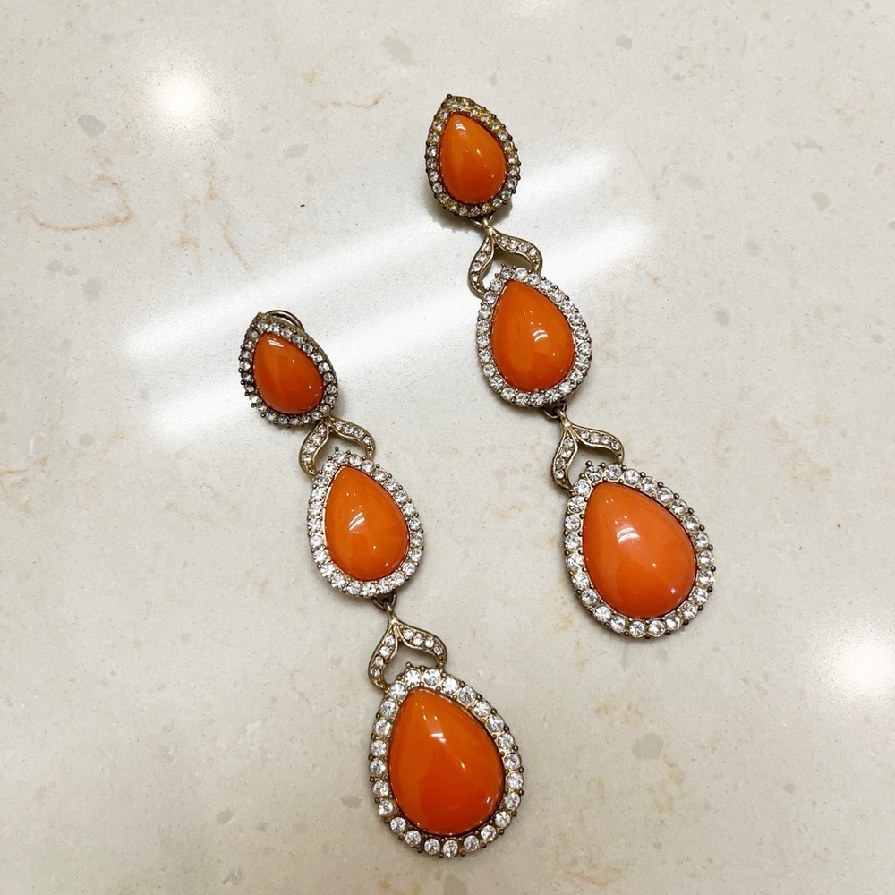 Vibrant Orange Teardrop Earrings with Crystal Accents